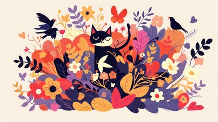 Fototapeta premium Colorful vector illustration featuring a beautiful cat butterflies birds and flowers Ideal for decorating interiors or enhancing your unique design projects
