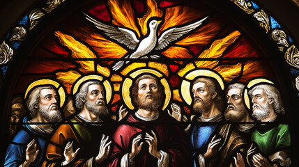 Stained glass depicting pentecost with the descent of the holy spirit