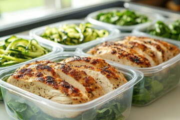 Several clear plastic meal prep containers are lined up, filled with grilled seasoned chicken breast, zucchini noodles, and fresh spinach