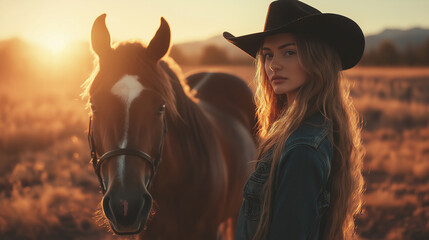 Fototapeta premium Beautiful cowgirl standing with horse at golden hour sunset in countryside
