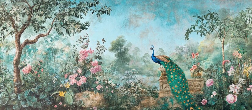 Vintage mural wallpaper featuring a botanical landscape with a garden forest peacock birds and flower vase illustration