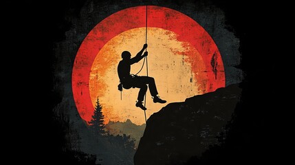 The retro circular T-shirt design features a silhouette of a rock climber hanging on a rock, with a retro sunset on the back and a black background, suitable for outdoor and adventure enthusiasts.