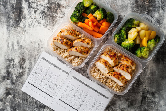 Containers of grilled chicken and rice with vegetables on the side, accompanied by a meal planning calendar