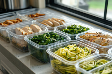 Healthy lifestyle concept showing plastic meal prep containers filled with cooked chicken and vegetables