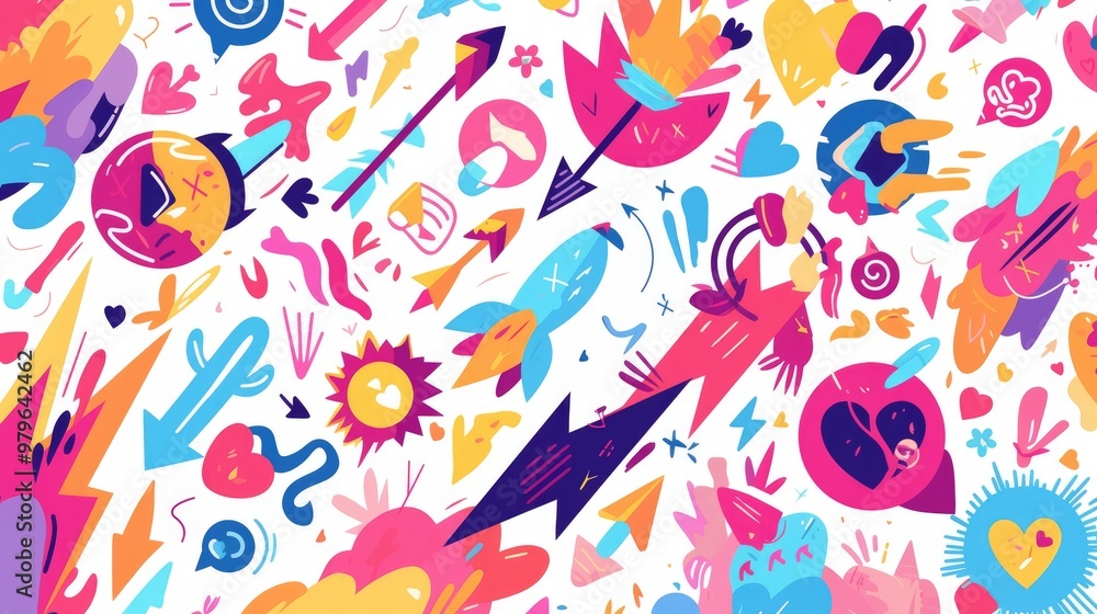 Poster hand drawn doodle set featuring outline icons including a lightning bolt arrow heart and fish create
