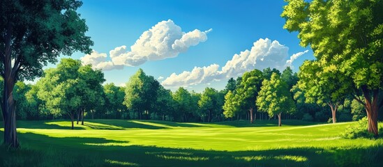 Naklejka premium Colorful landscape of a serene park featuring lush green grass vibrant trees and a partly cloudy blue sky