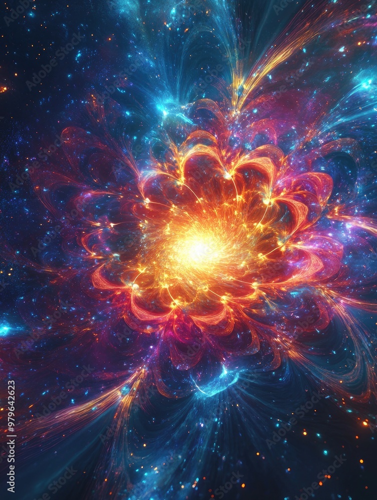 Poster abstract multicolor fractal light background resembling a supernova in a fantastical 3d rendering