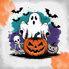 2d vector illustration Halloween t shirt icon design items ghost character Candles in carved pumpkin
