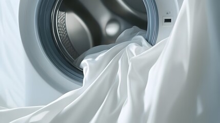 Clothes Washing Machine in Bright Interior with White Fabric