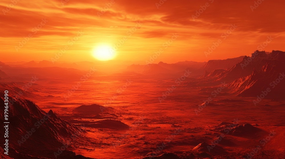 Poster sunset over a red planet in a 3d rendering of a distant alien landscape