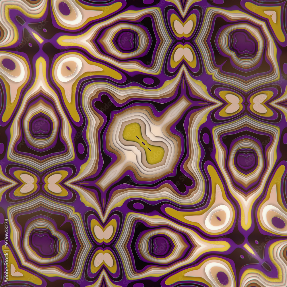 Poster Fascinating undulating pattern of a stream with purple, brown and yellow intricate patterns. 3d rendering illustration
