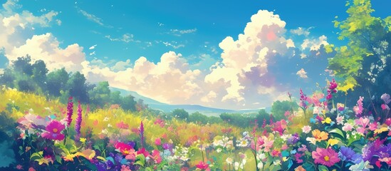 Fototapeta premium Vibrant painting of a blooming garden featuring a diverse array of colorful flowers Lush floral beds create a lively outdoor summer atmosphere with abundant blooms