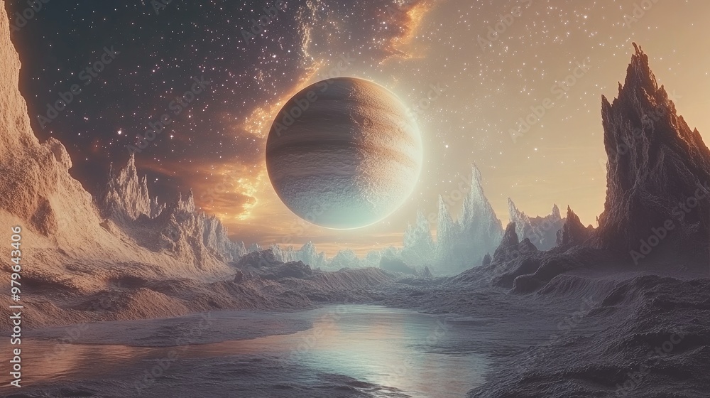 Poster 3d rendering of a surreal landscape featuring a prominent planet in the sky surrounded by stars crea