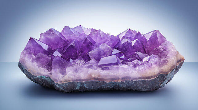 Large amethyst crystal stone showing many facets on blue background