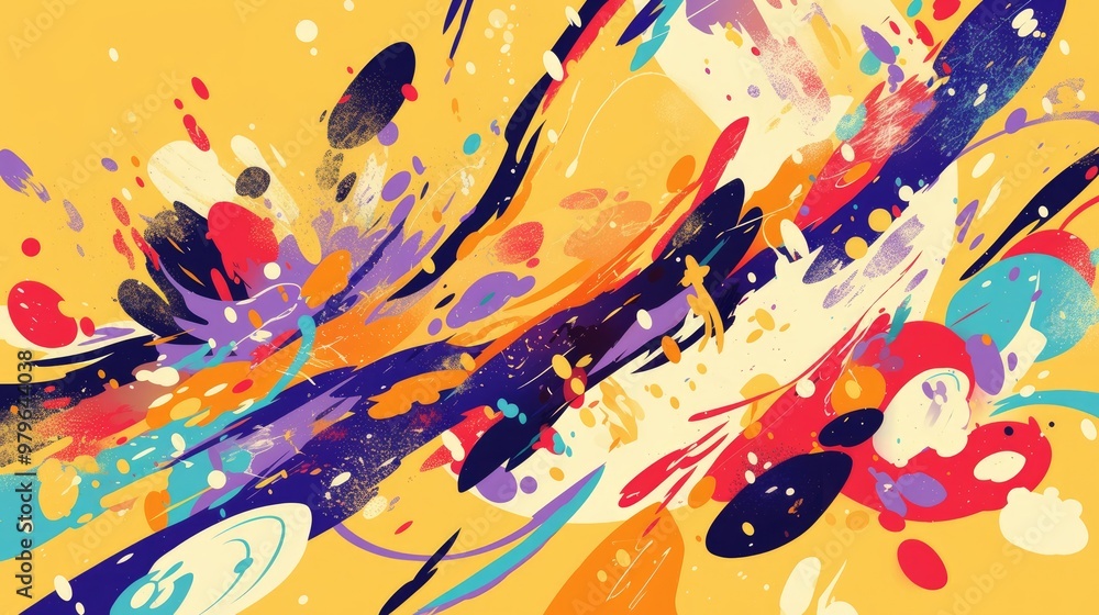 Poster abstract vector painting featuring a vibrant yellow brush pattern with colorful elements
