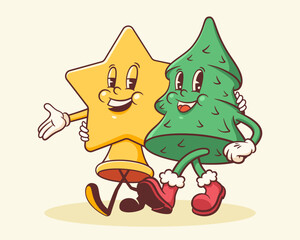 Christmas Groovy Pine Tree and Star Retro Characters. Cartoon Xmas Personage Illustration. Vector Winter Holiday Mascot Template Background. Happy Vintage Cool Drawing Isolated