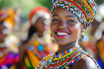 Fototapeta premium Woman wearing colorful beaded necklace and headdress smiling broadly during a festival celebration