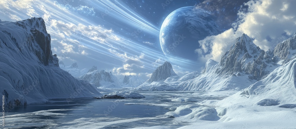 Poster surreal 3d rendering of a fantasy world featuring ice rings similar to those of saturn