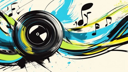 Obraz premium Vibrant and whimsical illustration of a colorful music record with notes Features bold black blue and green hues on a white backdrop Ideal for T shirt and poster designs