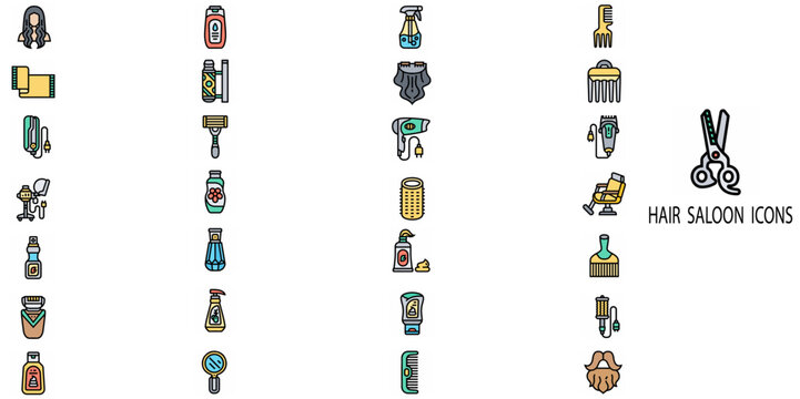 Hair saloon simple concept 28 colour icons set. Contains such Beauty, hair, barber shop,rajer,chair,brush,trimer cream etc.Vector illustration.