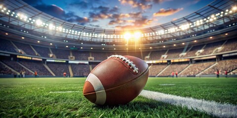 Game Day Closeup of a football on the field with a blurred stadium in the background, football, stadium, game day