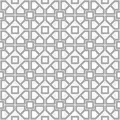 Seamless abstract geometric pattern consisting of black and white lines forming squares and pentagons arranged symmetrically and regularly. Suitable for graphic design, textiles or decoration.