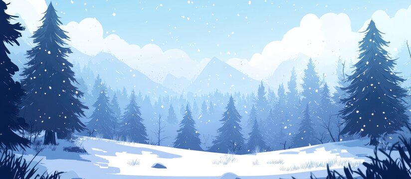 Blustery winter forest scene featuring pine trees and harsh conditions including snowstorms and heavy clouds Illustrative depiction of the frosty season in a flat 2d style