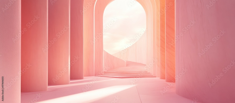 Aufkleber surreal 3d rendering featuring an abstract corridor with a pastel pink background creating a dreamli