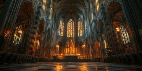 Interior of a grand cathedral with stained glass windows and an altar