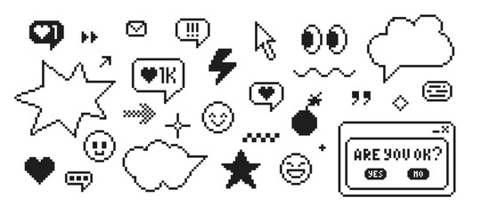 Set of pixel art elements in 90s style. Message boxes and popup user interface elements. Black and white vector illustration.