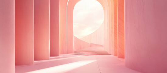 Surreal 3D rendering featuring an abstract corridor with a pastel pink background creating a dreamlike interior illustration