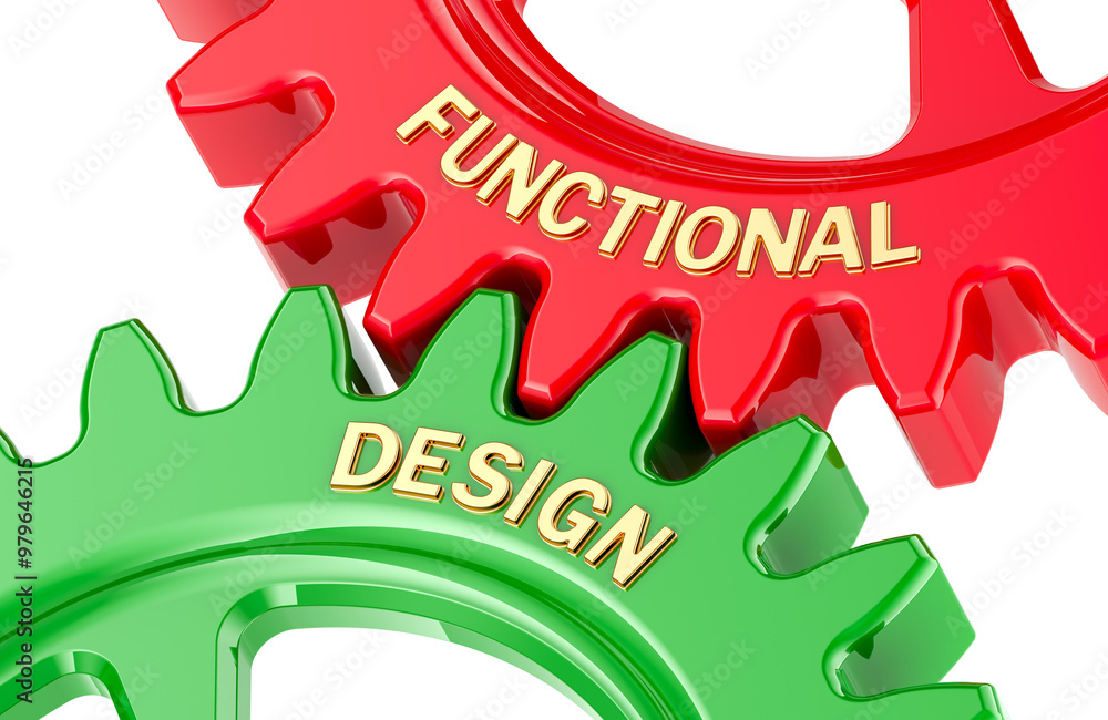 Poster functional design concept with colored gearwheels. 3d rendering isolated on transparent background