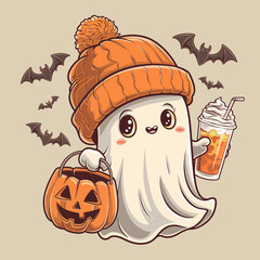 2d vector illustration Halloween t shirt icon design items ghost character Candles in carved pumpkin
