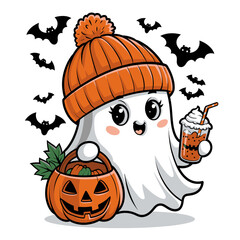 2d vector illustration Halloween t shirt icon design items ghost character Candles in carved pumpkin
