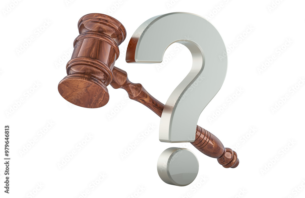 Poster wooden gavel with question mark. 3d rendering isolated on transparent background