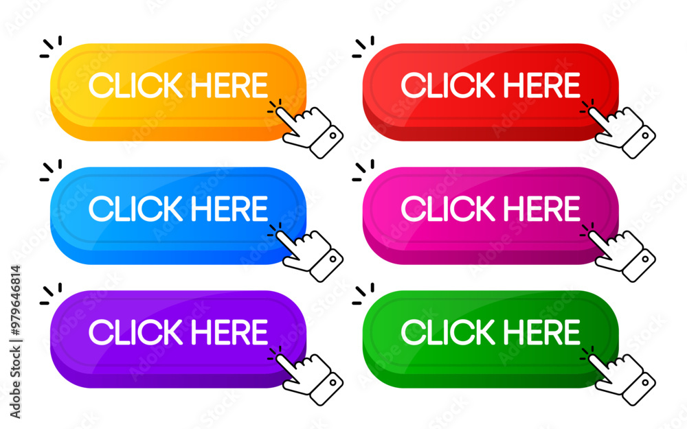 Aufkleber click here button collection with finger pointer clicking icon. click here web button. ui button con