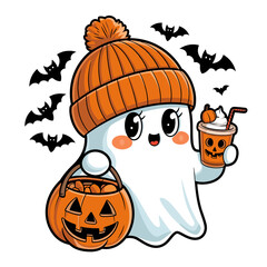 2d vector illustration Halloween t shirt icon design items ghost character Candles in carved pumpkin
