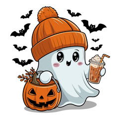 2d vector illustration Halloween t shirt icon design items ghost character Candles in carved pumpkin
