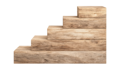 Five wooden blocks stacked in a staircase formation isolate on transparent background, cutout, png