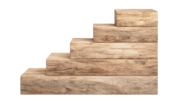 Five wooden blocks stacked in a staircase formation isolate on transparent background, cutout, png