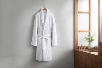 White robe hanging on a wall of a bathroom with clean sink