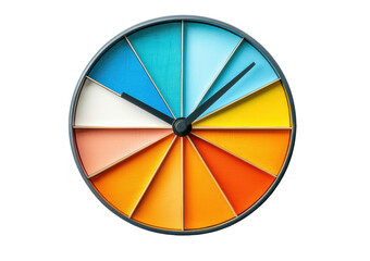 Fototapeta premium Clock design featuring pie chart segments in various colors isolate on transparent background, cutout, png