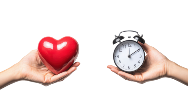 Two hands hold a red heart and an alarm clock, symbolizing the balance between love and time isolate on transparent background, cutout, png - Powered by Adobe