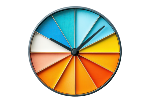 Clock design featuring pie chart segments in various colors isolate on transparent background, cutout, png