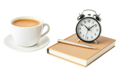 Cozy scene featuring a cup of coffee, an alarm clock, and a notebook isolate on transparent background, png, cutout