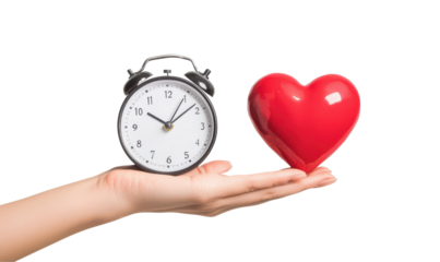 Hand holds a clock and a heart, symbolizing the balance between time and love in life, cutout, png