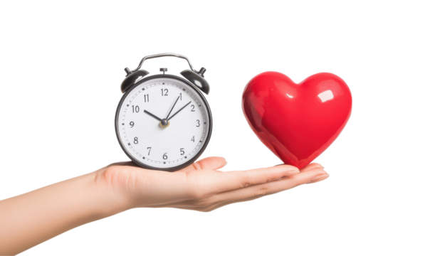 Hand holds a clock and a heart, symbolizing the balance between time and love in life, cutout, png