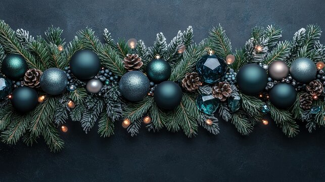 Festive winter centerpiece with dark green ornaments and pinecones on a rich, textured surface during the holiday season