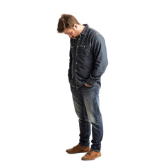 A man standing with slumped shoulders and hands in pockets, looking down with a forlorn expression isolated on transparency background