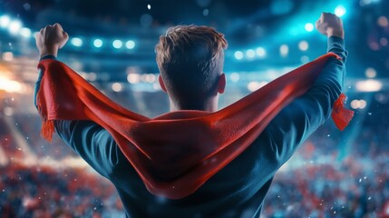 A sports fan, dressed in team colors and holding a large flag, stands with arms raised high, shouting with excitement. The background showcases a vibrant soccer stadium filled with a sea of fans 